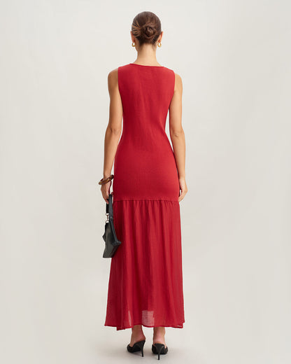 Red Ribbed Knit Sleeveless Maxi Dress