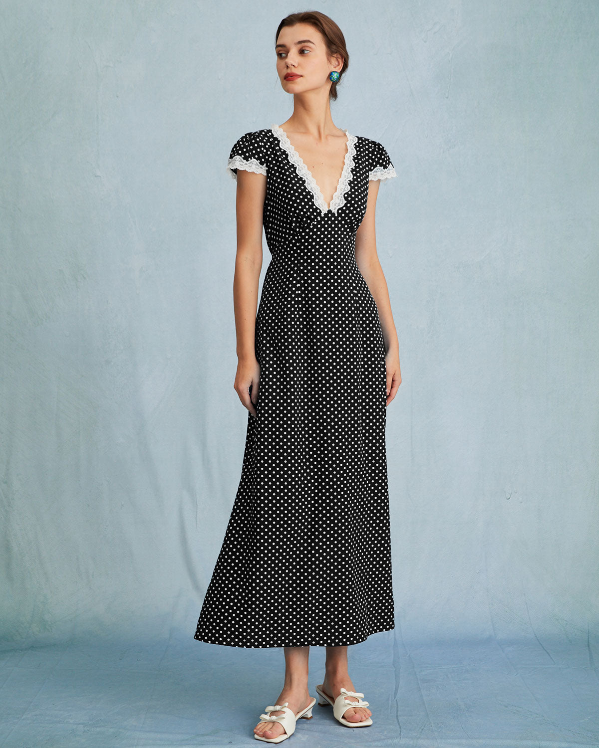 Black Polka Dot Lace Trim Maxi Dress