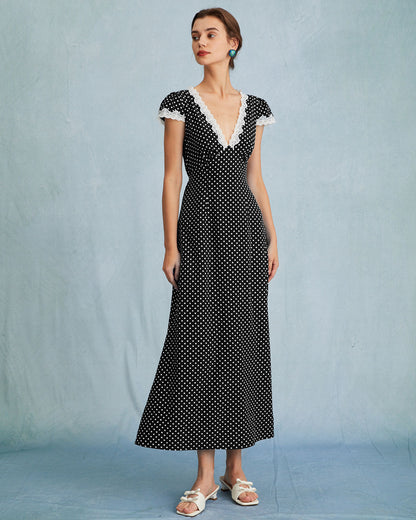 Black Polka Dot Lace Trim Maxi Dress