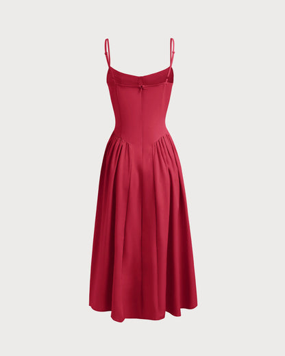 Kırmızı Kare Yaka Cepli Slip Midi Elbise
