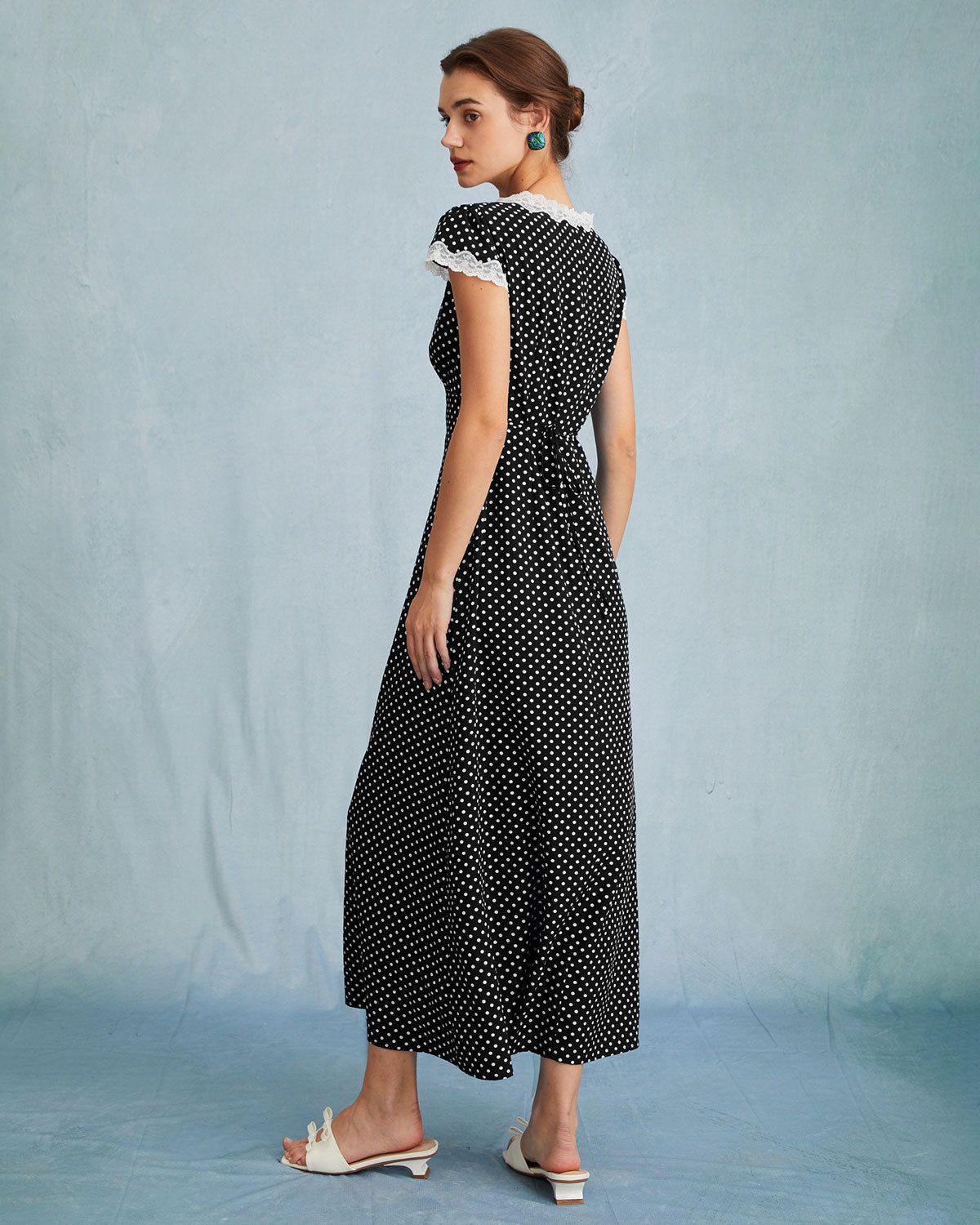 Black Polka Dot Lace Trim Maxi Dress