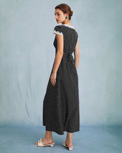 Black Polka Dot Lace Trim Maxi Dress
