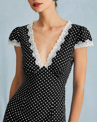 Black Polka Dot Lace Trim Maxi Dress