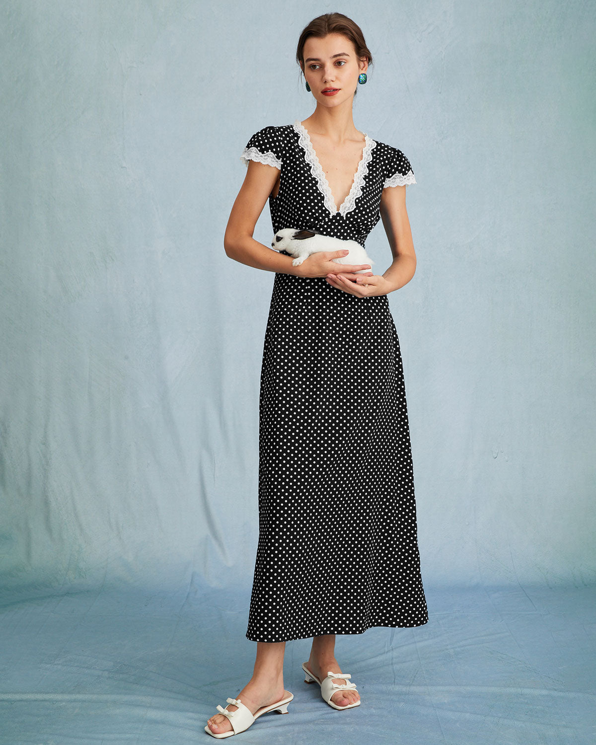 Black Polka Dot Lace Trim Maxi Dress