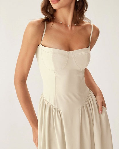 Bej Kare Yaka Cepli Slip Midi Elbise