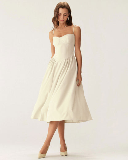 Bej Kare Yaka Cepli Slip Midi Elbise