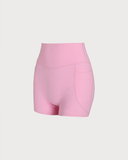 Pembe Cepli Yüksek Bel Yoga Şortu