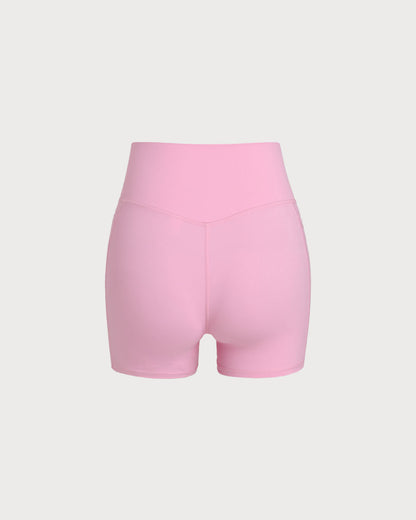 Pembe Cepli Yüksek Bel Yoga Şortu