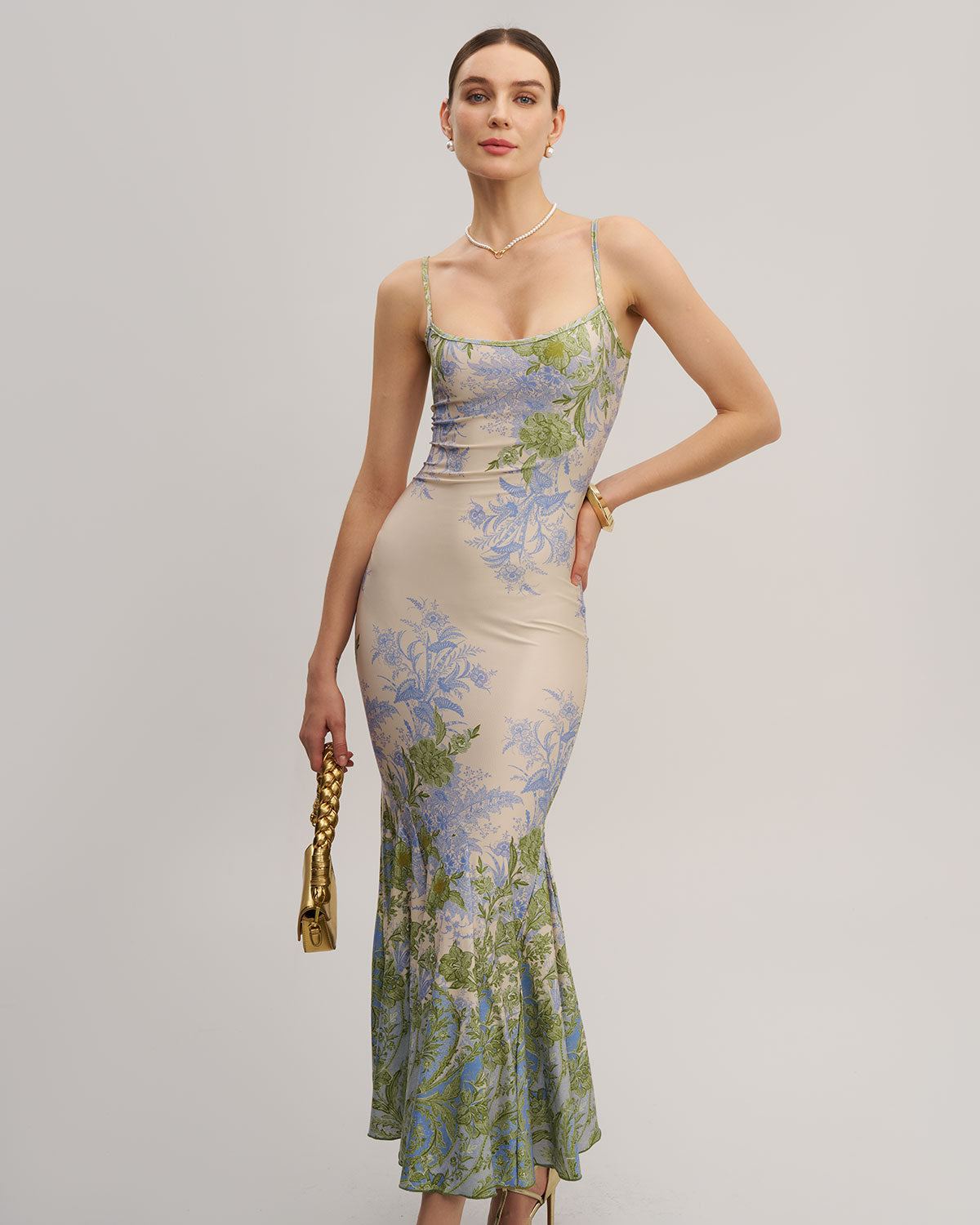 Green Floral Slip Mermaid Maxi Dress