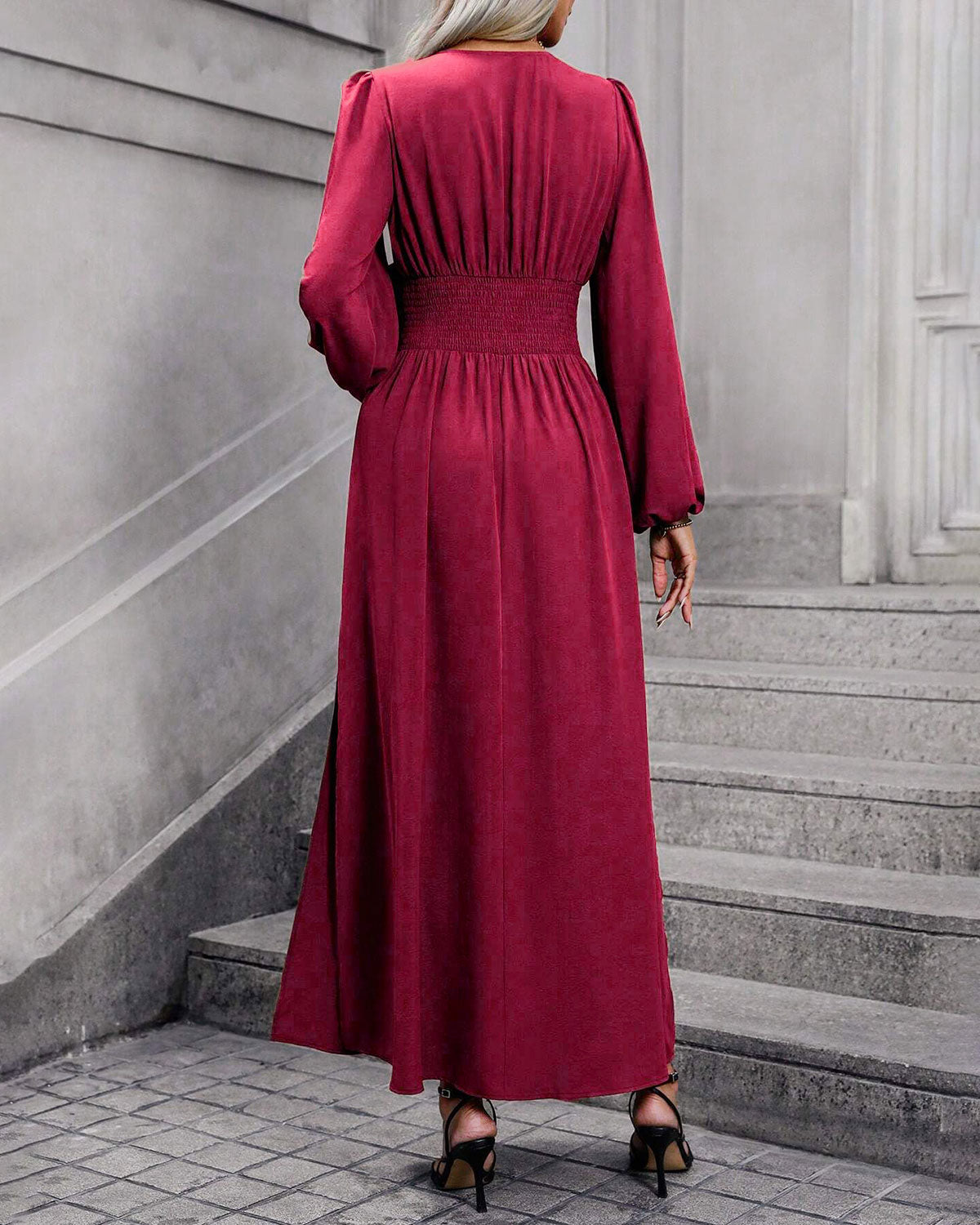 Wine Red Bishop Sleeve Maxi Dress