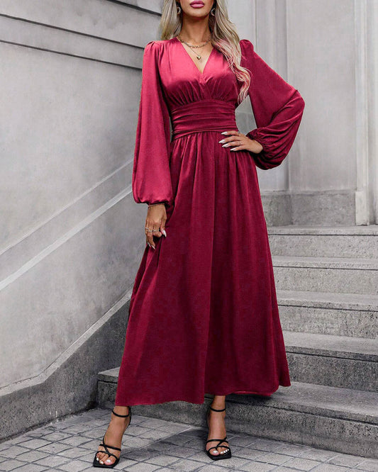 Wine Red Bishop Sleeve Maxi Dress