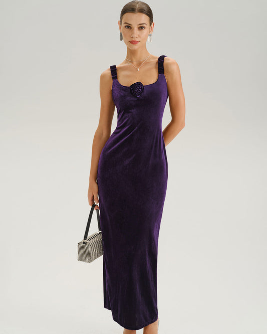 Purple U Neck Bodycon Velvet Maxi Dress