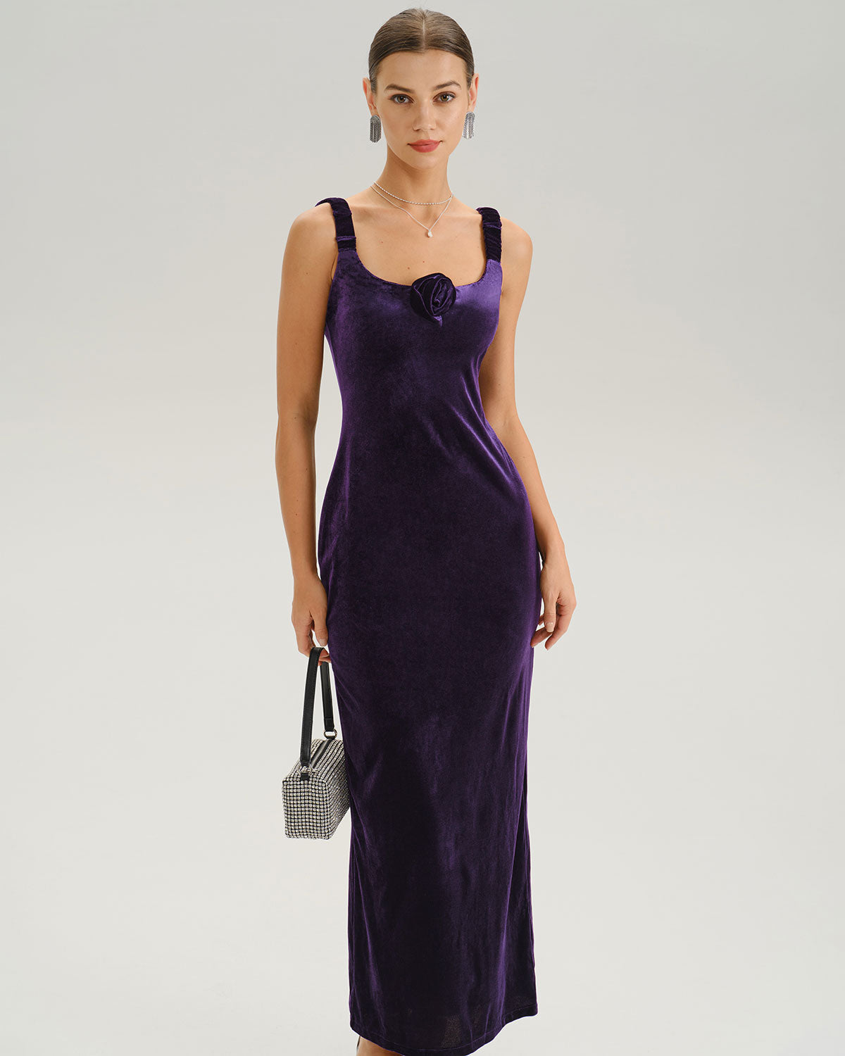 Purple U Neck Bodycon Velvet Maxi Dress