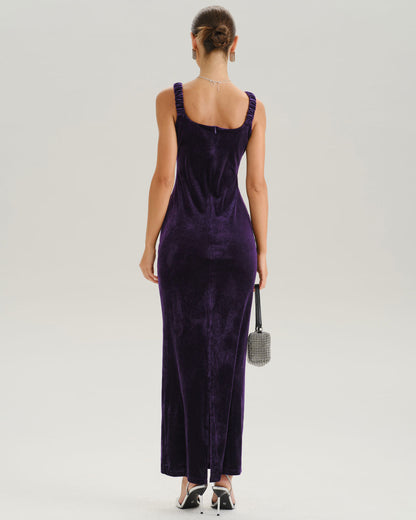 Purple U Neck Bodycon Velvet Maxi Dress