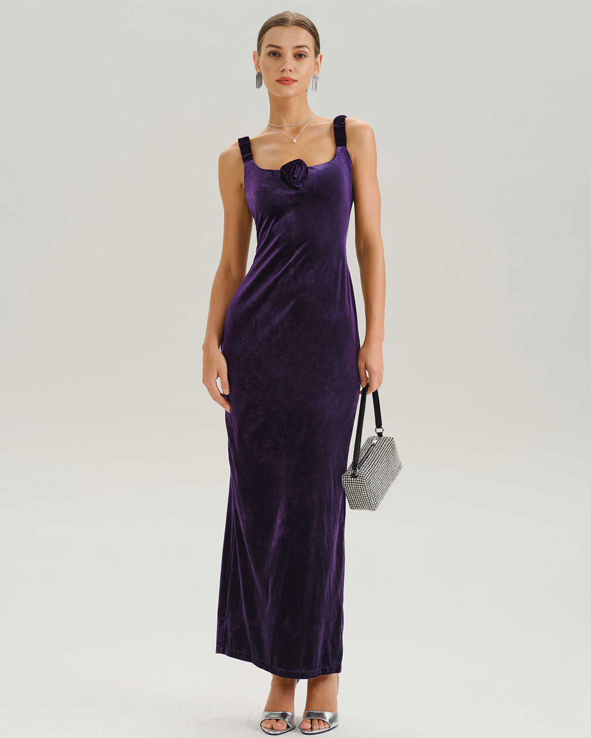 Purple U Neck Bodycon Velvet Maxi Dress