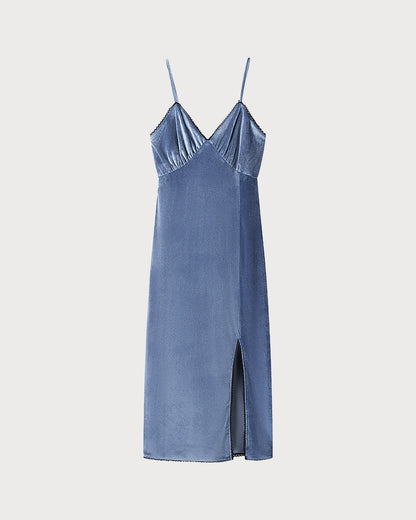 Mavi Kadife Slip Midi Elbise