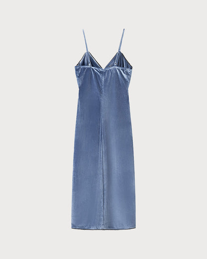 Mavi Kadife Slip Midi Elbise