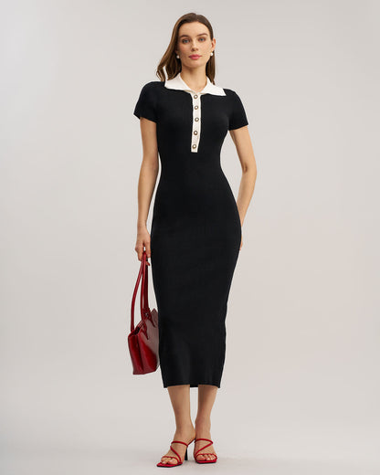 Black Contrast Bodycon Sweater Maxi Dress