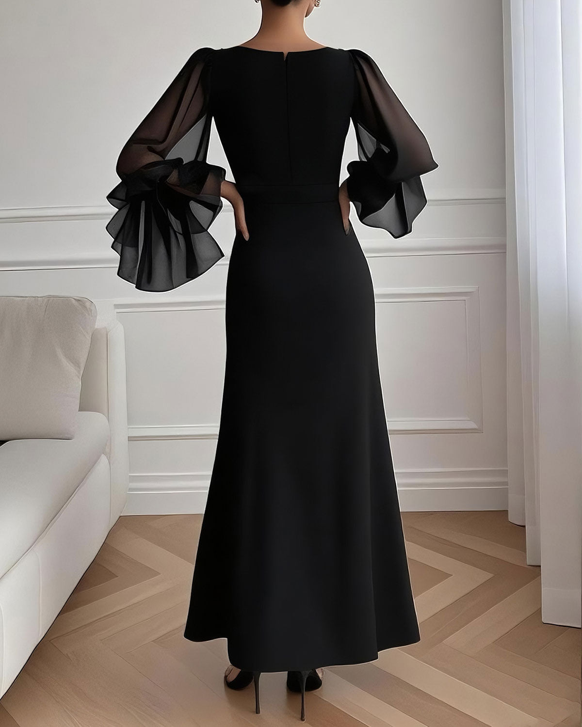 Black V Neck Bell Sleeve Maxi Dress