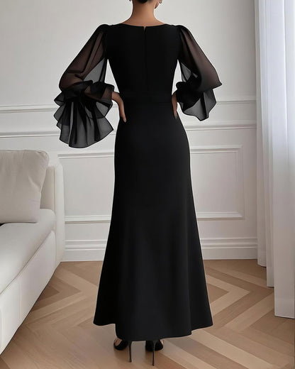 Black V Neck Bell Sleeve Maxi Dress