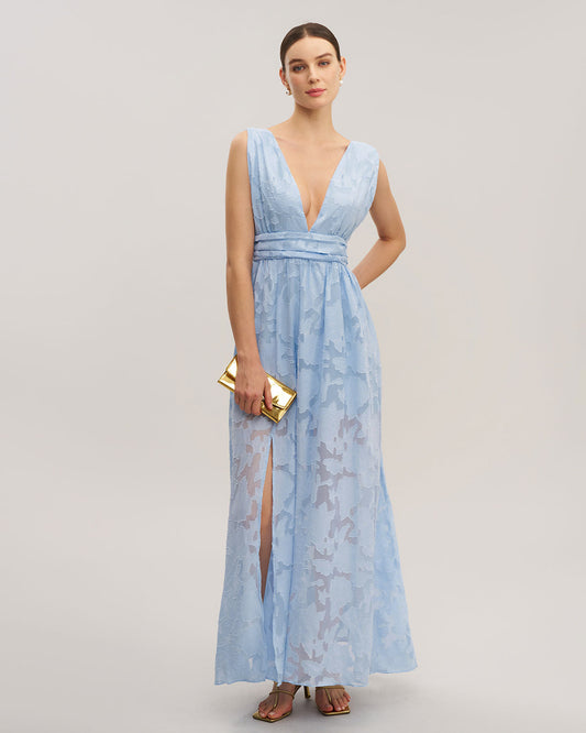 Blue Jacquard Slit Sleeveless Maxi Dress