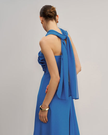 Blue Strapless Flowy Maxi Dress