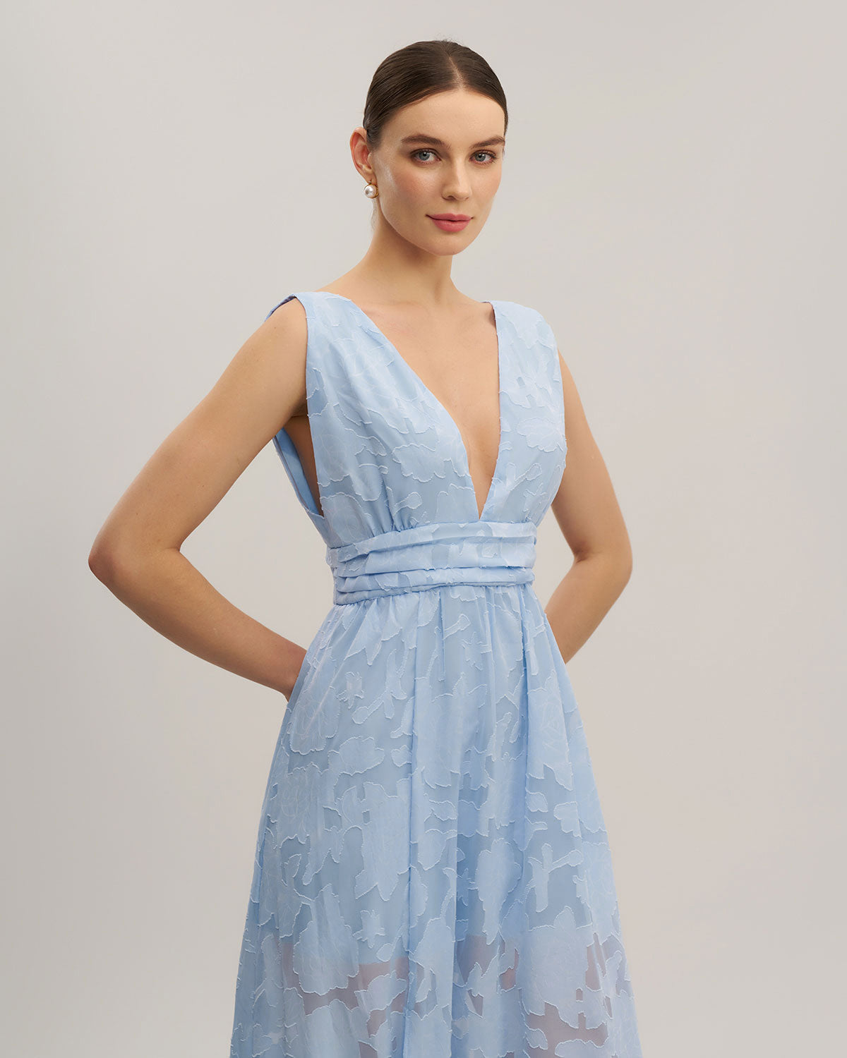 Blue Jacquard Slit Sleeveless Maxi Dress
