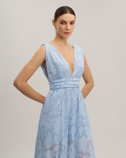 Blue Jacquard Slit Sleeveless Maxi Dress