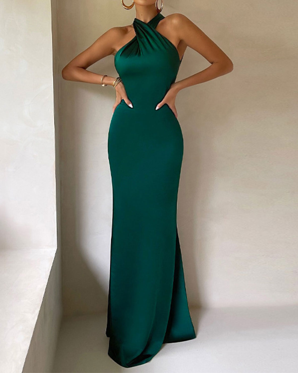 Green Satin Halter Maxi Dress