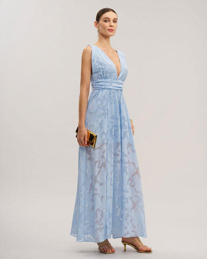 Blue Jacquard Slit Sleeveless Maxi Dress