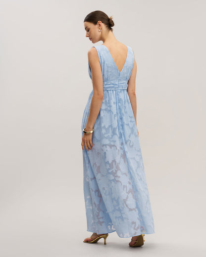 Blue Jacquard Slit Sleeveless Maxi Dress