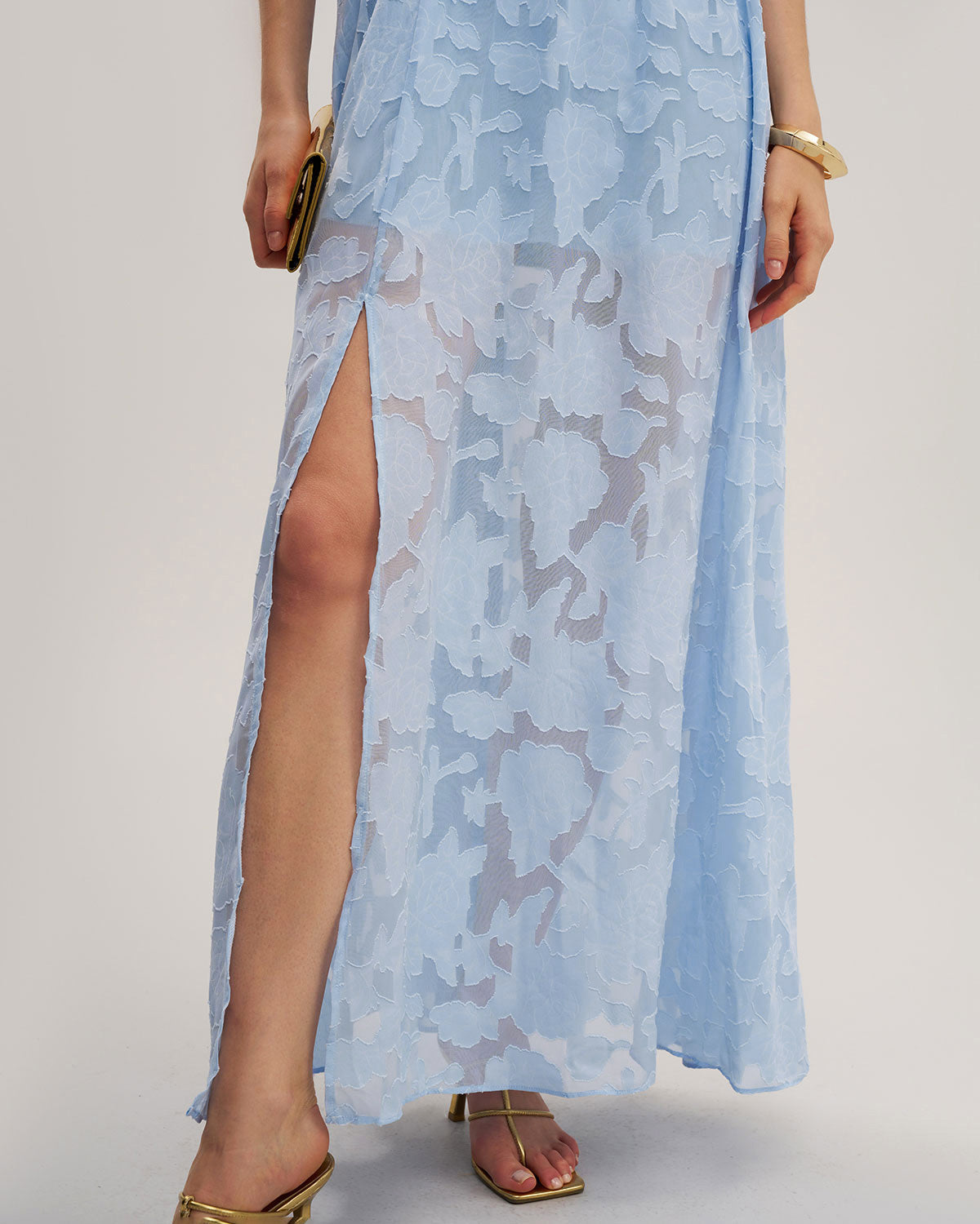 Blue Jacquard Slit Sleeveless Maxi Dress
