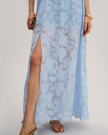 Blue Jacquard Slit Sleeveless Maxi Dress