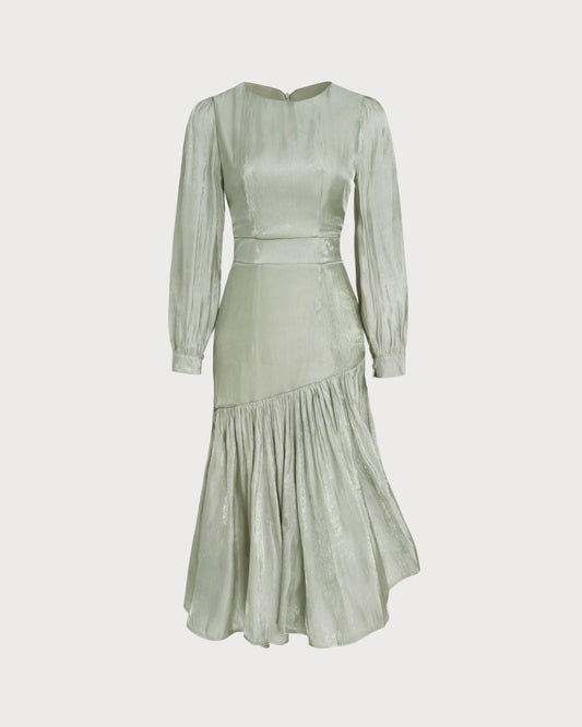 Green Boat Neck Ruched Maxi Dress