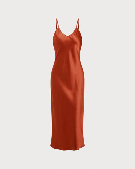 Brick Red Satin Slip Maxi Dress