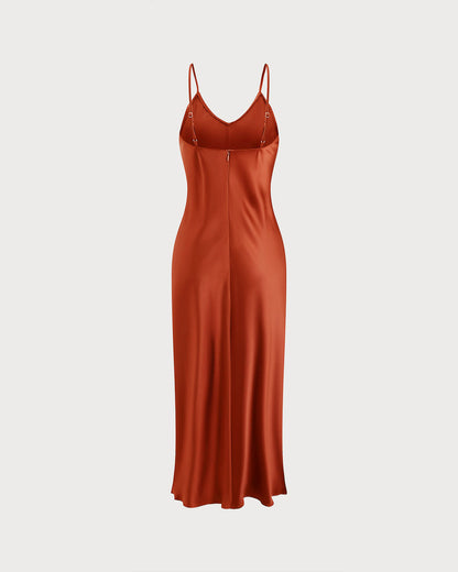 Brick Red Satin Slip Maxi Dress
