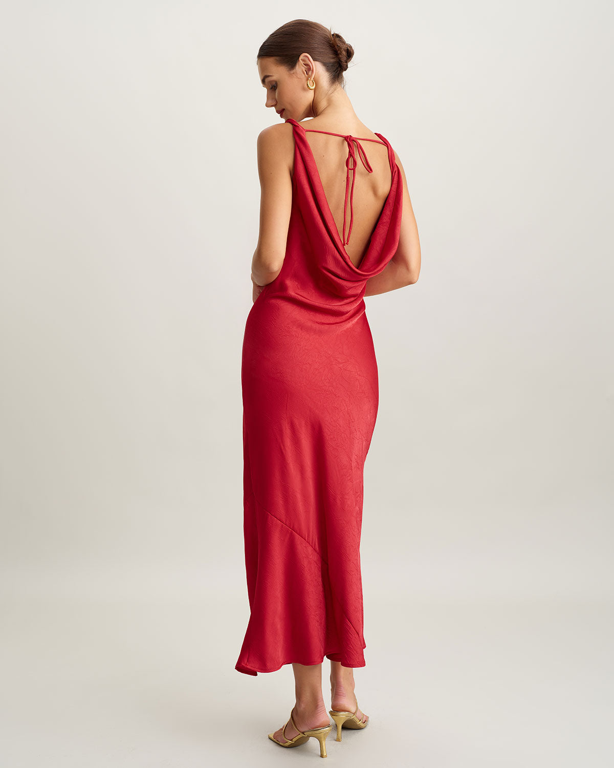 Red Satin Cowl Neck Backless Maxi Dress