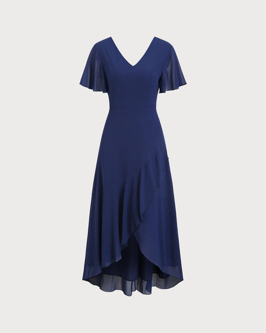 Navy V Neck A-Line Ruffle Maxi Dress