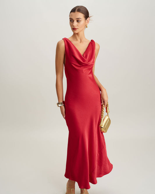 Red Satin Cowl Neck Backless Maxi Dress