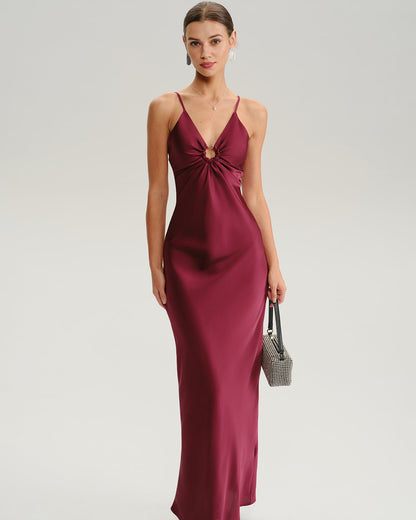 Wine Red Ruched V Neck Slip Maxi Dress