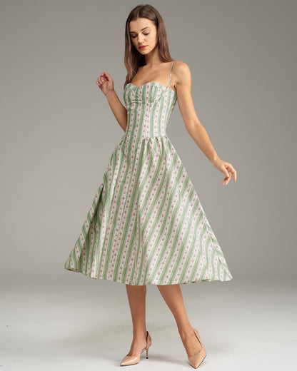 Yeşil Çizgili Slip Midi Elbise