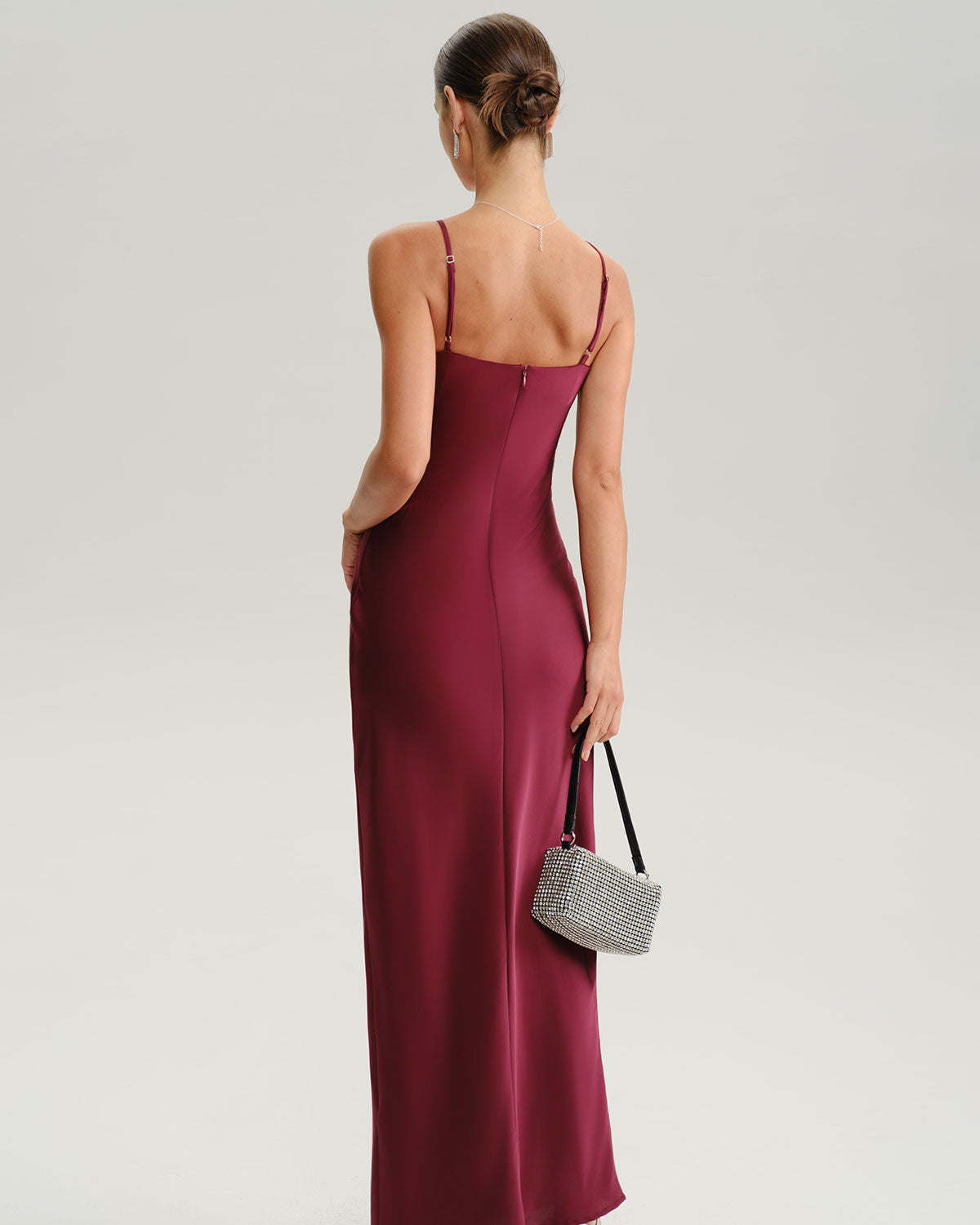 Wine Red Ruched V Neck Slip Maxi Dress