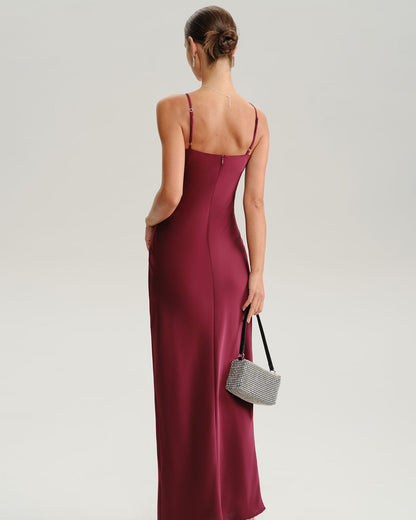 Wine Red Ruched V Neck Slip Maxi Dress