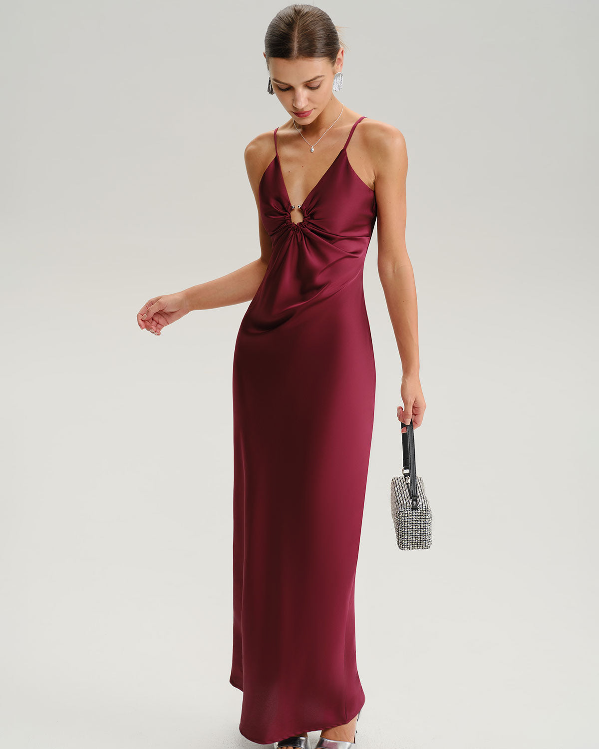 Wine Red Ruched V Neck Slip Maxi Dress