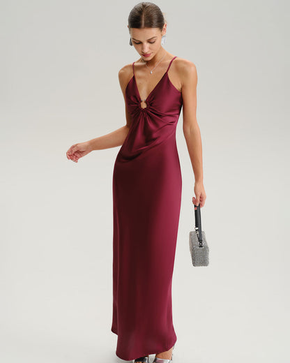 Wine Red Ruched V Neck Slip Maxi Dress