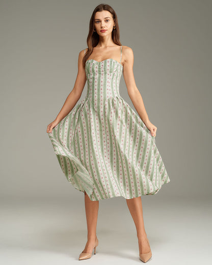 Yeşil Çizgili Slip Midi Elbise