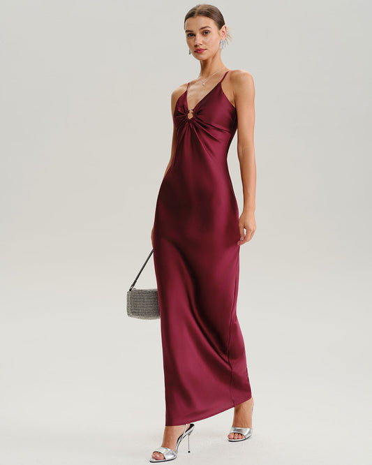 Wine Red Ruched V Neck Slip Maxi Dress